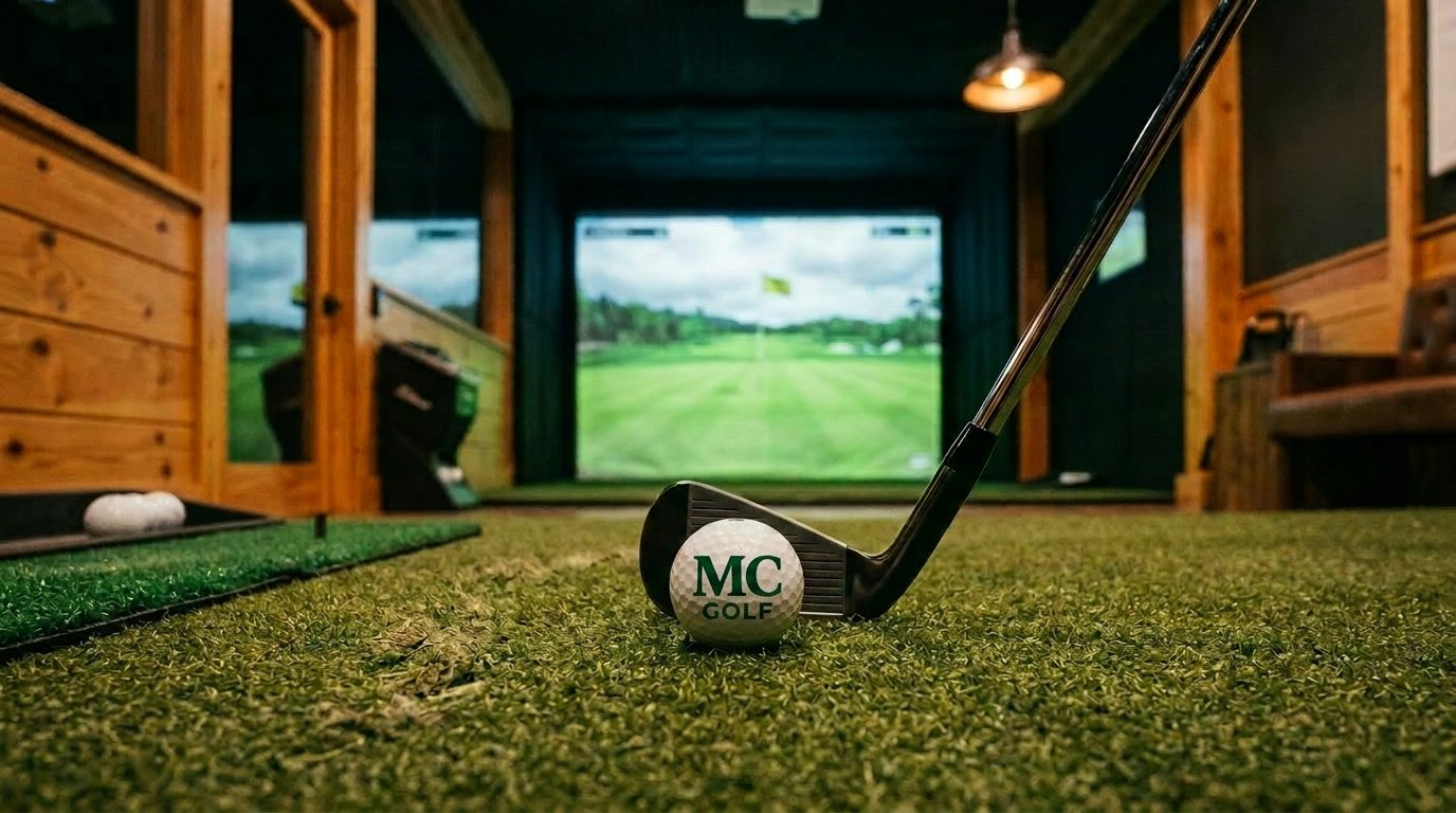MC Golf Académie ball in front of an indoor golf simulator